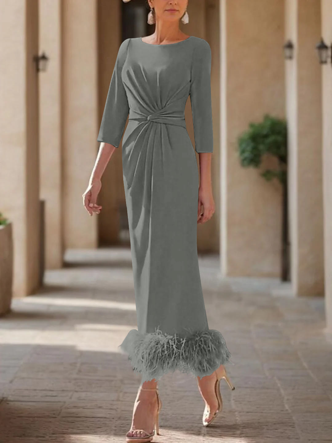 Sheath/Column Scoop Neck Ankle Length Elegant Mother of the Bride  & Groom Dresses with Feather