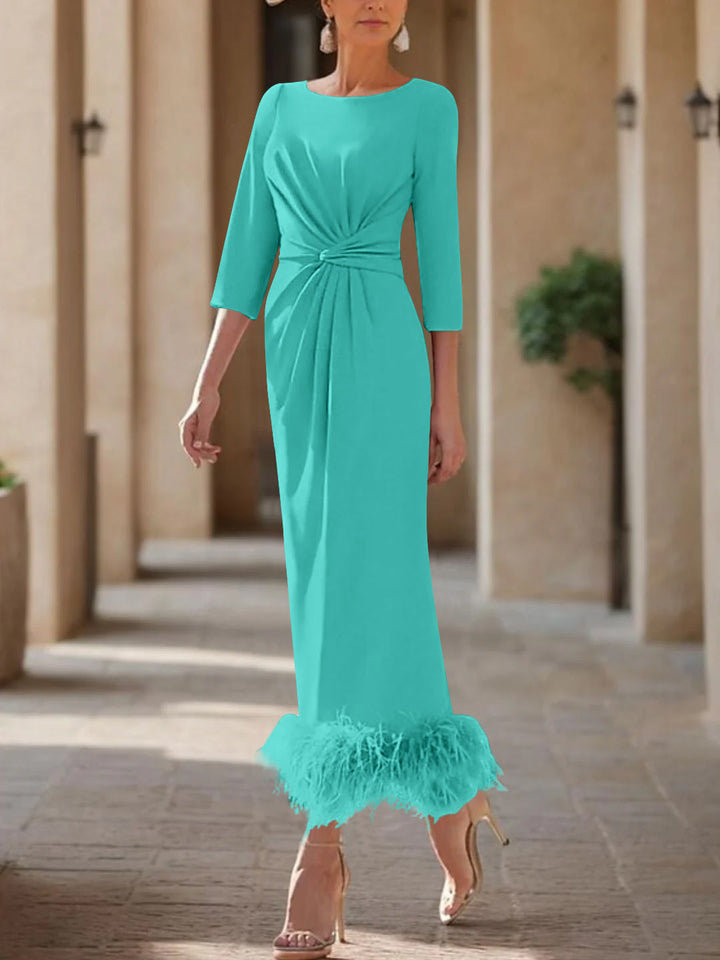 Sheath/Column Scoop Neck Ankle Length Elegant Mother of the Bride  & Groom Dresses with Feather