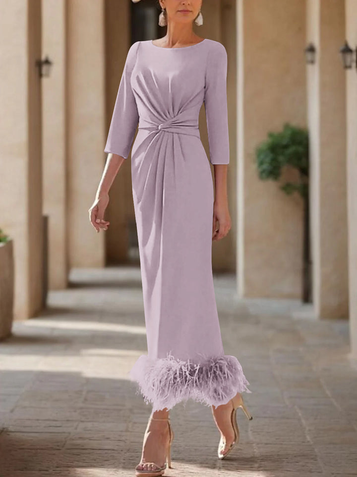 Sheath/Column Scoop Neck Ankle Length Elegant Mother of the Bride  & Groom Dresses with Feather