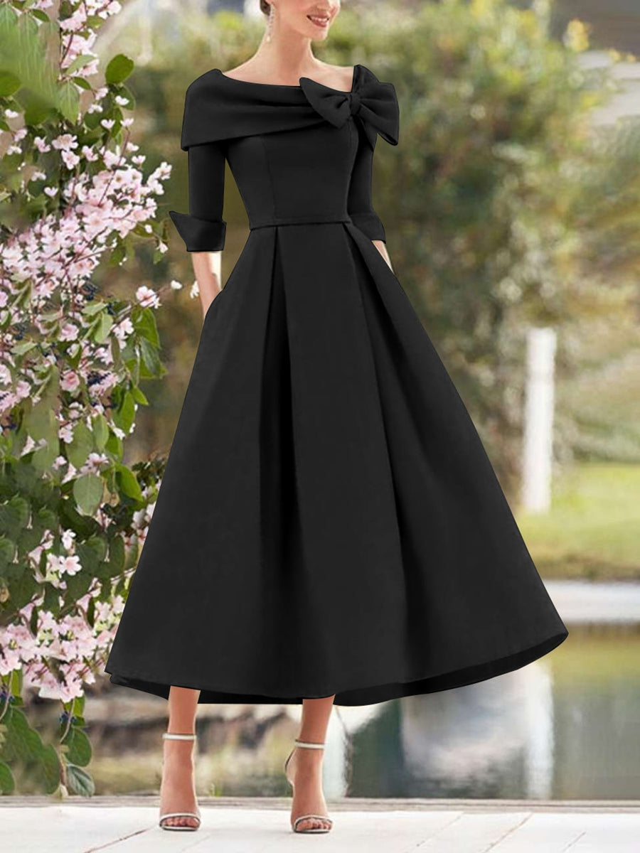 Satin Mother of The Groom Dresses Black 2026 Chic Women's A-Line tea-Length Half Sleeves Wedding Guest Gowns Black with Bow-Knot Satin Mother of The Groom Dresses Black 2026 Chic Women's A-Line tea-Length Half Sleeves Wedding Guest Gowns Black with Bow-Knot