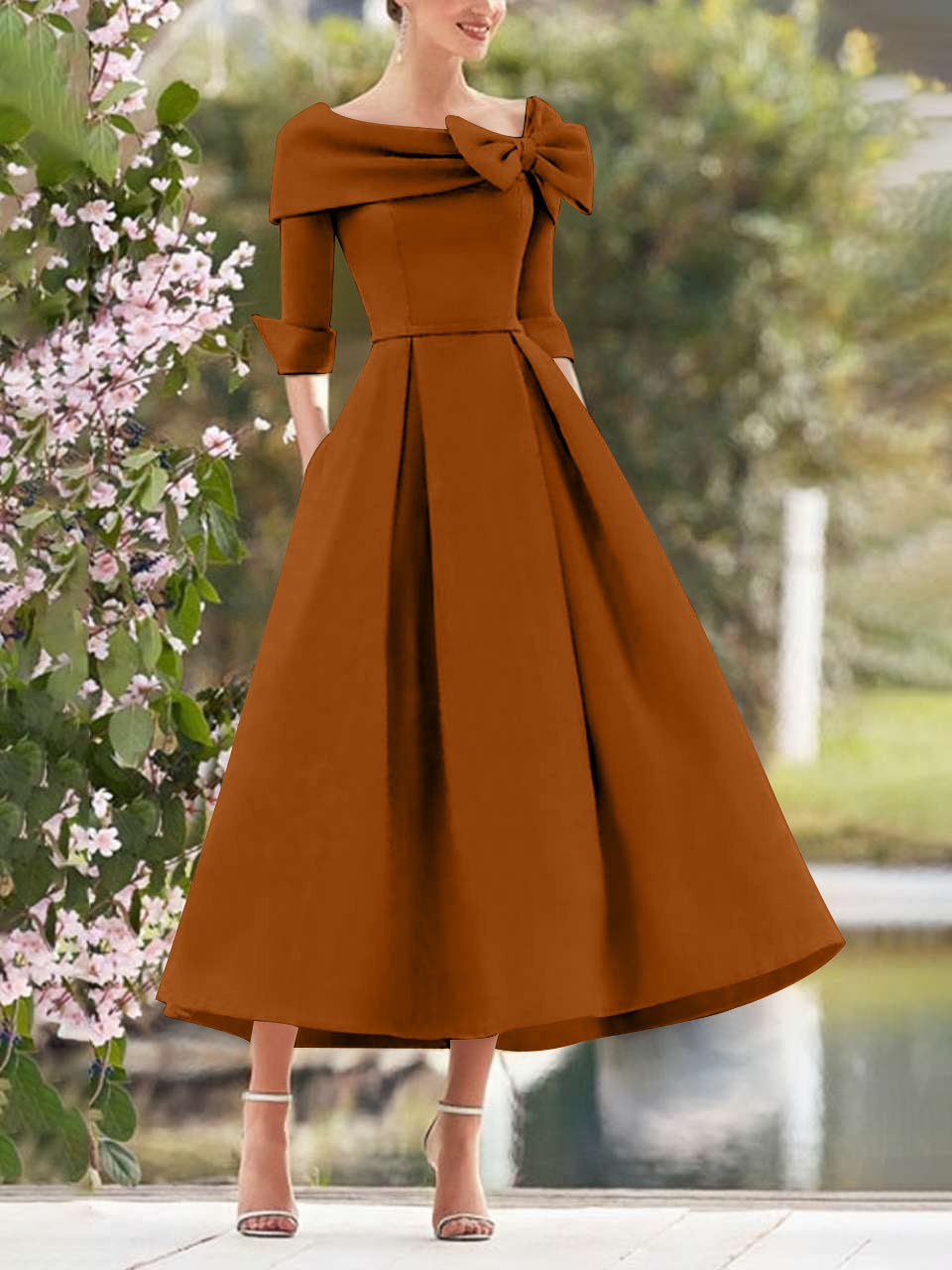 A-Line/Princess Cowl Neck Bow(s) 3/4 Sleeves Tea Length