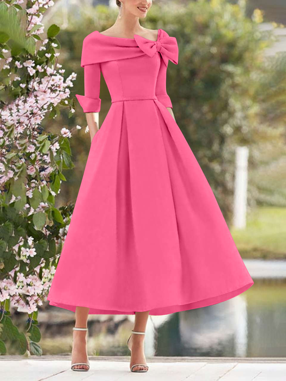 A-Line/Princess Cowl Neck Bow(s) 3/4 Sleeves Tea Length Elegant Mother of the Bride & Groom Dresses Hot Pink A-Line/Princess Cowl Neck Bow(s) 3/4 Sleeves Tea Length Elegant Mother of the Bride & Groom Dresses Hot Pink