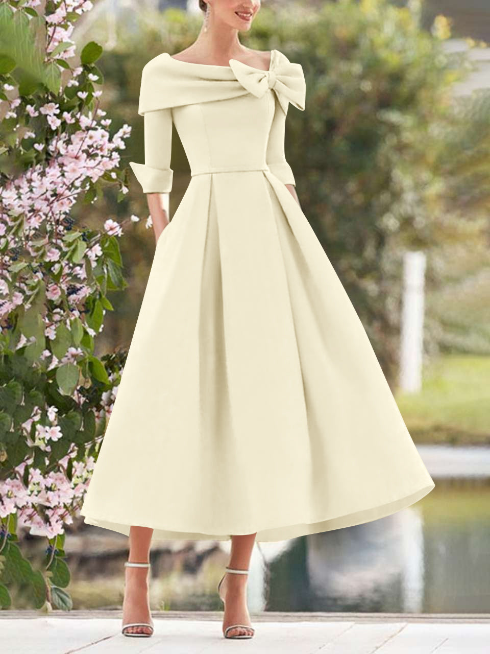 A-Line/Princess Cowl Neck Bow(s) 3/4 Sleeves Tea Length Elegant Mother of the Bride & Groom Dresses Burgundy A-Line/Princess Cowl Neck Bow(s) 3/4 Sleeves Tea Length Elegant Mother of the Bride & Groom Dresses Burgundy