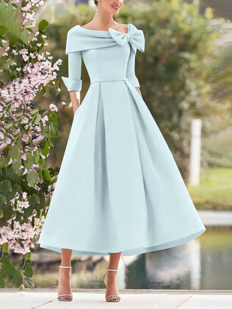 A-Line/Princess Cowl Neck Bow(s) 3/4 Sleeves Tea Length Elegant Mother of the Bride & Groom Dresses Light Blue A-Line/Princess Cowl Neck Bow(s) 3/4 Sleeves Tea Length Elegant Mother of the Bride & Groom Dresses Light Blue