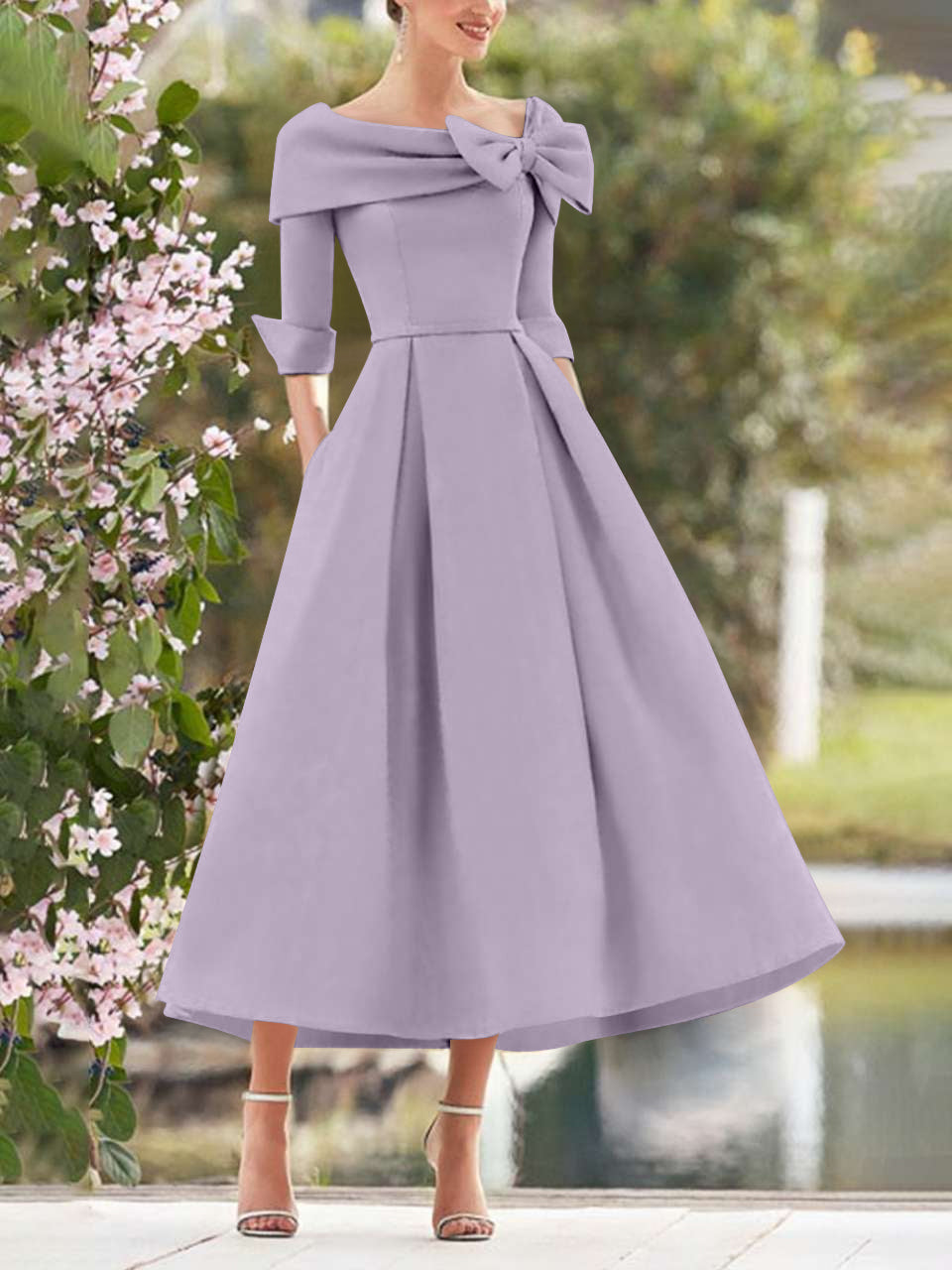 A-Line/Princess Cowl Neck Bow(s) 3/4 Sleeves Tea Length Elegant Mother of the Bride & Groom Dresses Light Purple A-Line/Princess Cowl Neck Bow(s) 3/4 Sleeves Tea Length Elegant Mother of the Bride & Groom Dresses Light Purple