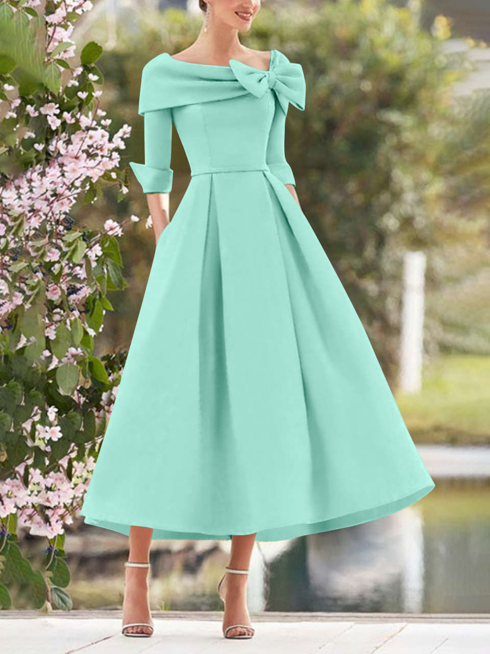 A-Line/Princess Cowl Neck Bow(s) 3/4 Sleeves Tea Length Elegant Mother of the Bride & Groom Dresses Light Sky Blue A-Line/Princess Cowl Neck Bow(s) 3/4 Sleeves Tea Length Elegant Mother of the Bride & Groom Dresses Light Sky Blue