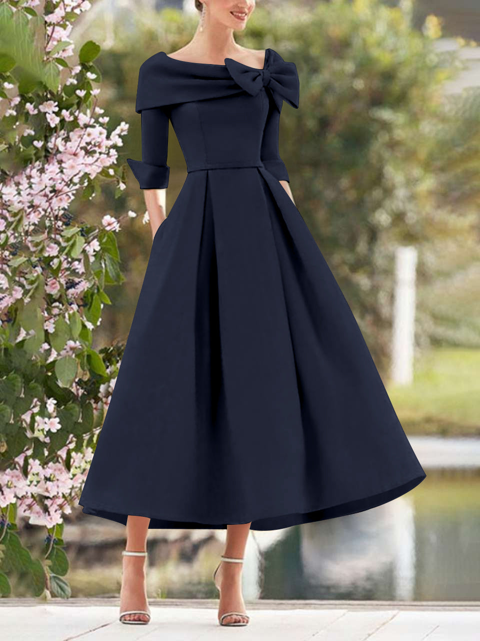 A-Line/Princess Cowl Neck Bow(s) 3/4 Sleeves Tea Length Elegant Mother of the Bride & Groom Dresses Navy Blue A-Line/Princess Cowl Neck Bow(s) 3/4 Sleeves Tea Length Elegant Mother of the Bride & Groom Dresses Navy Blue