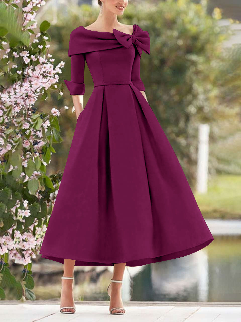 A-Line/Princess Cowl Neck Bow(s) 3/4 Sleeves Tea Length Elegant Mother of the Bride & Groom Dresses Orchid A-Line/Princess Cowl Neck Bow(s) 3/4 Sleeves Tea Length Elegant Mother of the Bride & Groom Dresses Orchid
