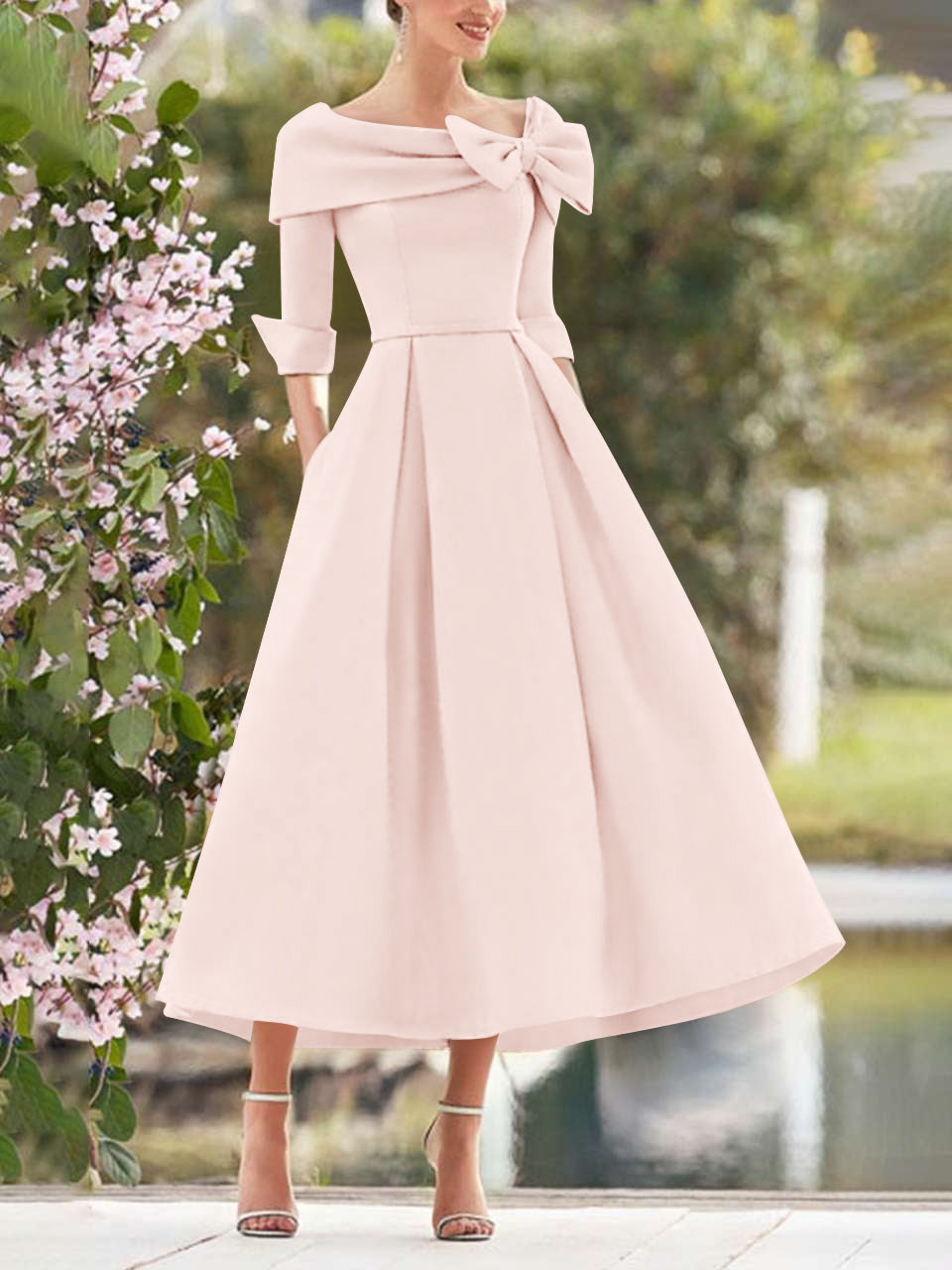 A-Line/Princess Cowl Neck Bow(s) 3/4 Sleeves Tea Length Elegant Mother of the Bride & Groom Dresses Burgundy A-Line/Princess Cowl Neck Bow(s) 3/4 Sleeves Tea Length Elegant Mother of the Bride & Groom Dresses Burgundy