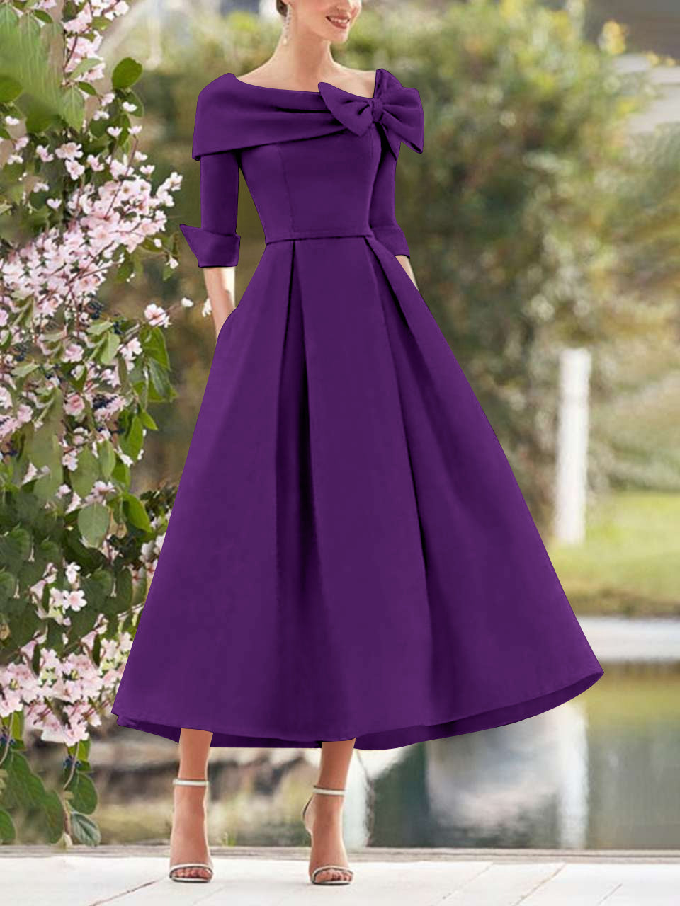 A-Line/Princess Cowl Neck Bow(s) 3/4 Sleeves Tea Length Elegant Mother of the Bride & Groom Dresses A-Line/Princess Cowl Neck Bow(s) 3/4 Sleeves Tea Length Elegant Mother of the Bride & Groom Dresses