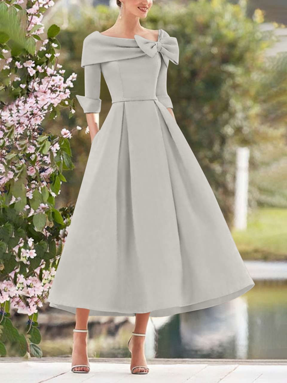 2026 Mother of The Bride Groom Dresses Women's A-Line/Princess Cowl Neck Half Sleeves Tea Length Elegant Formal Evening Wedding Guest Gowns, Champagne 2026 Mother of The Bride Groom Dresses Women's A-Line/Princess Cowl Neck Half Sleeves Tea Length Elegant Formal Evening Wedding Guest Gowns, Champagne