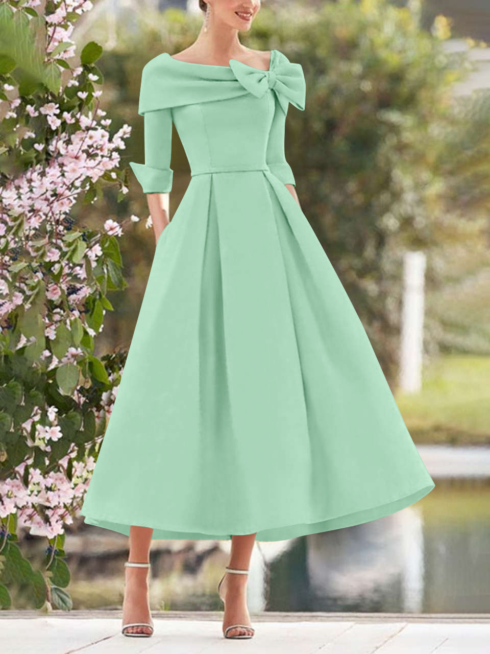 Lace Cowl Neck Appliques Pleats Short Cocktail Dress A-Line/Princess Cowl Neck Bow(s) 3/4 Sleeves Tea Length Elegant Mother Mondressy Lace Cowl Neck Appliques Pleats Short Cocktail Dress A-Line/Princess Cowl Neck Bow(s) 3/4 Sleeves Tea Length Elegant Mother Mondressy