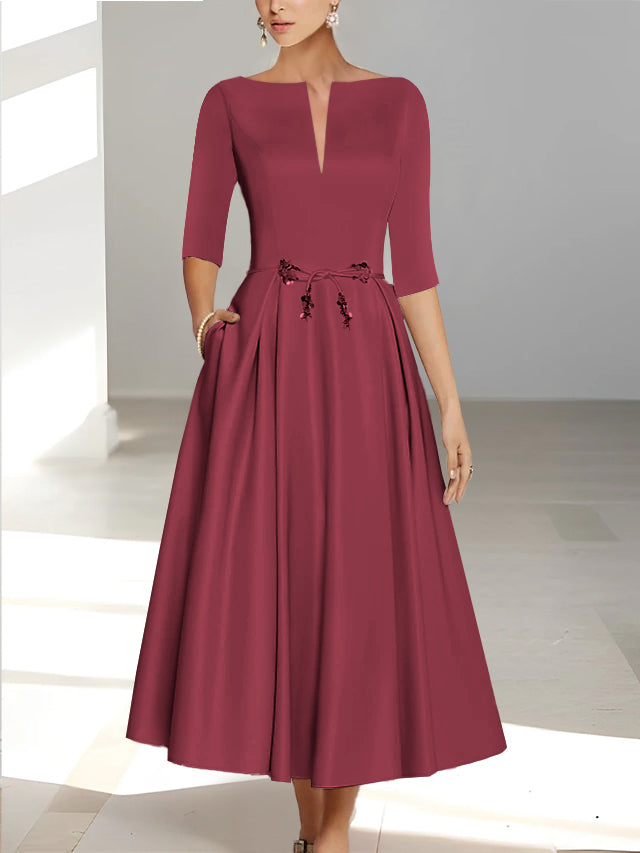 A-Line/Princess Bead Collar Half Sleeves Mother of the Bride Dresses With Belt