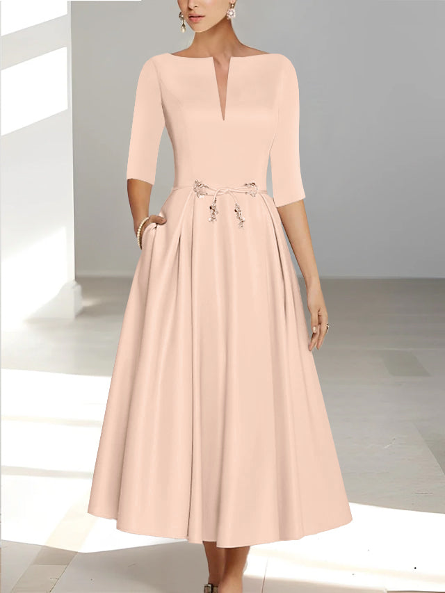 A-Line/Princess Half Sleeves Ankle Length Mother Of The Bride Dresses & Groom With Pockets Pearl Pink A-Line/Princess Half Sleeves Ankle Length Mother Of The Bride Dresses & Groom With Pockets Pearl Pink