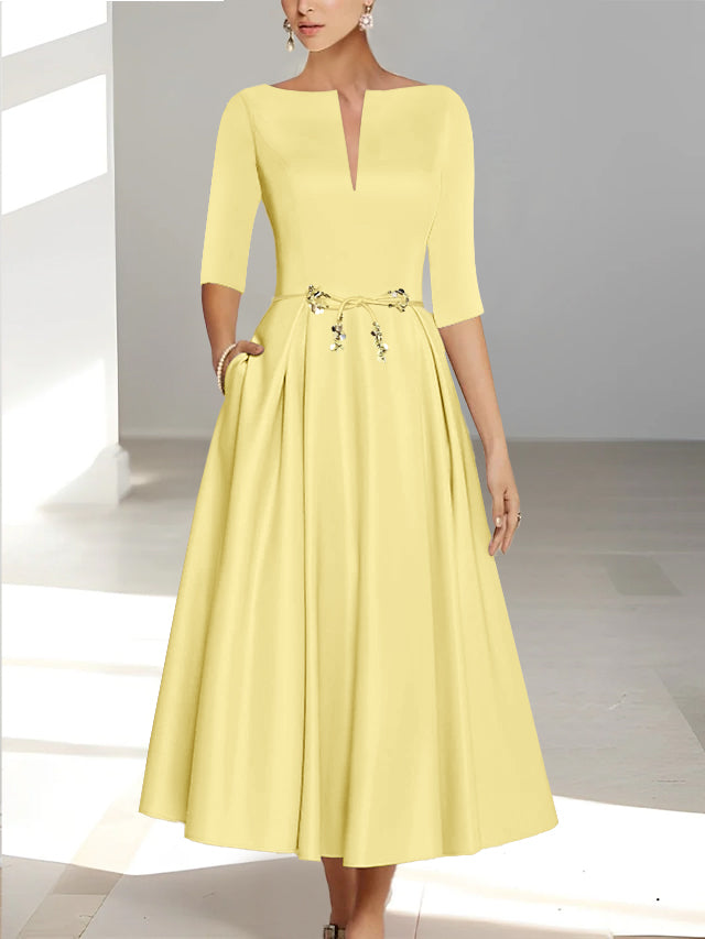 Satin Mother of The Groom Dresses Elegant 2026 Women's A-Line Half Sleeves Ankle Formal Wedding Guest Evening Ball Gowns with Pockets, Ivory Satin Mother of The Groom Dresses Elegant 2026 Women's A-Line Half Sleeves Ankle Formal Wedding Guest Evening Ball Gowns with Pockets, Ivory