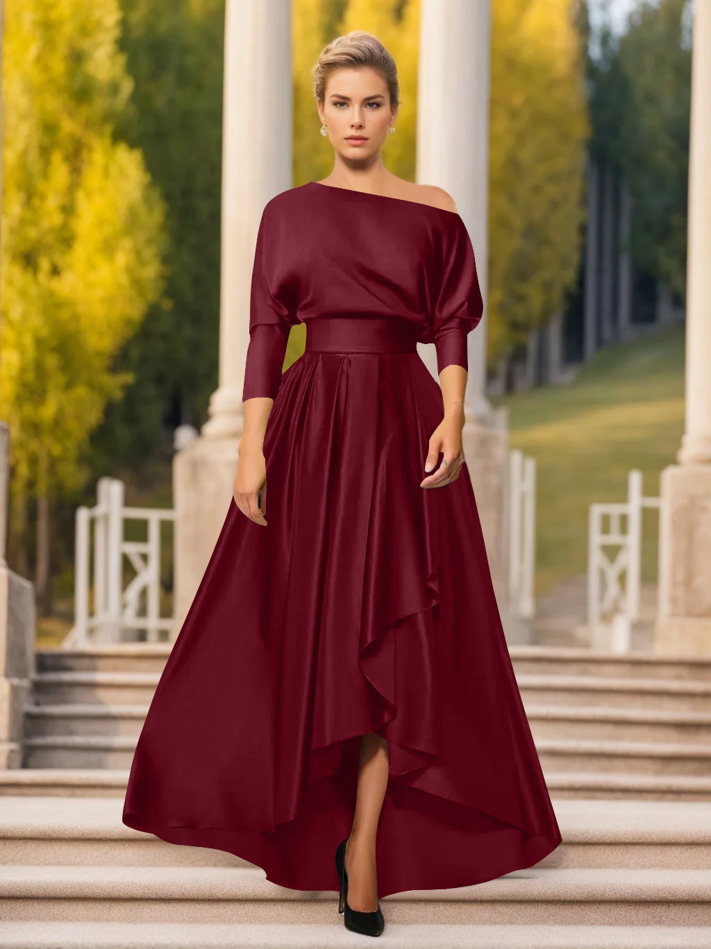 A-Line/Princess One-Shoulder 3/4 Sleeves Asymmetrical Mother of the Bride & Groom Dresses Wine Red