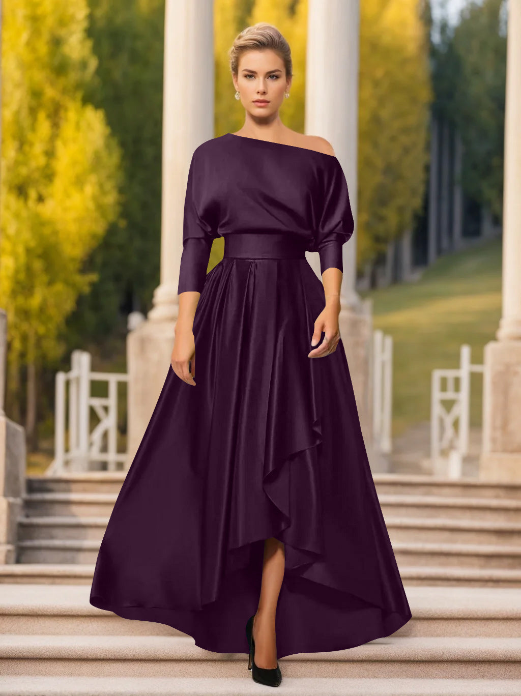 A-Line/Princess One-Shoulder 3/4 Sleeves Asymmetrical Mother of the Bride & Groom Dresses Grape