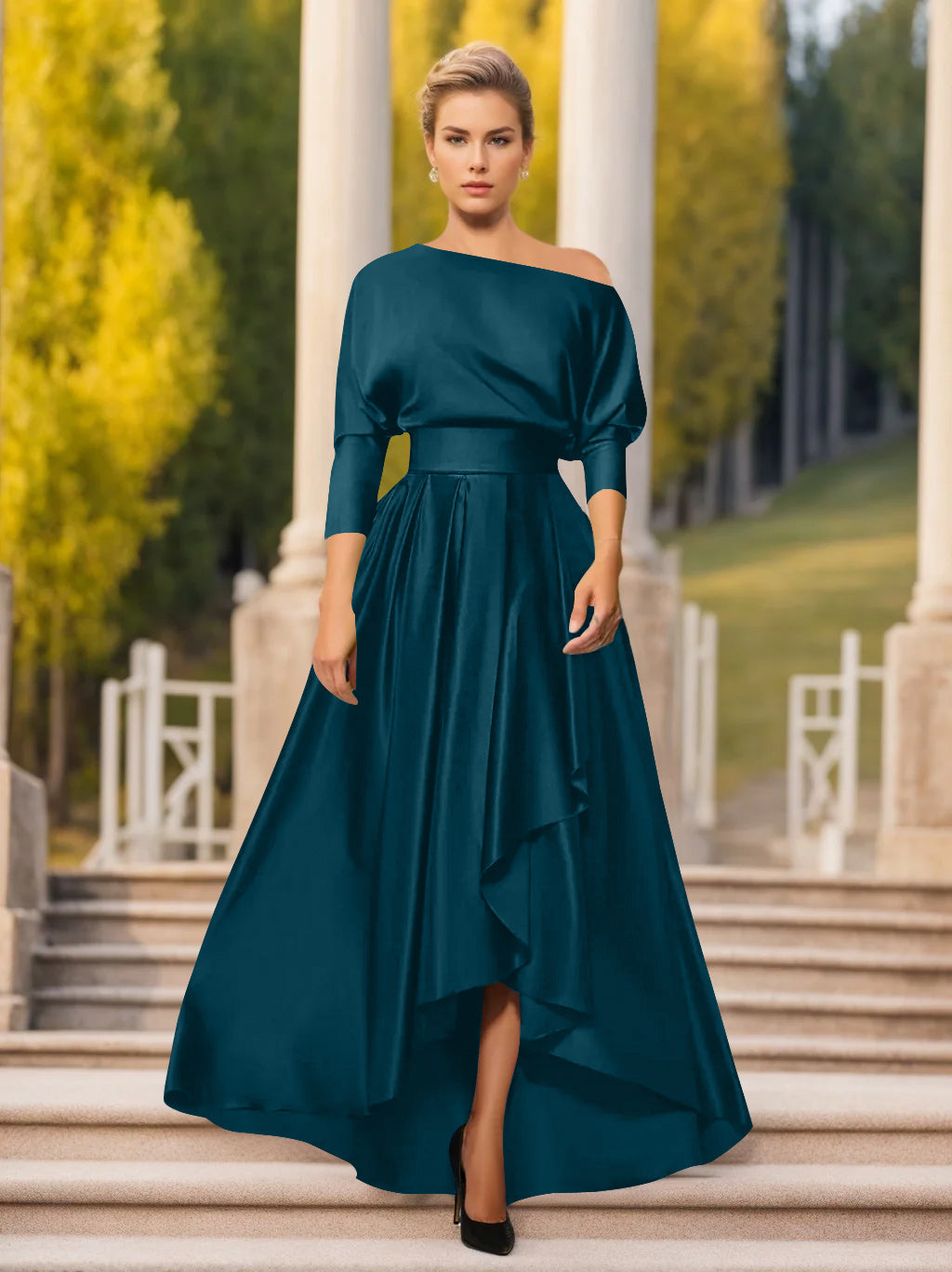 A-Line/Princess One-Shoulder 3/4 Sleeves Asymmetrical Mother of the Bride & Groom Dresses Ink Blue