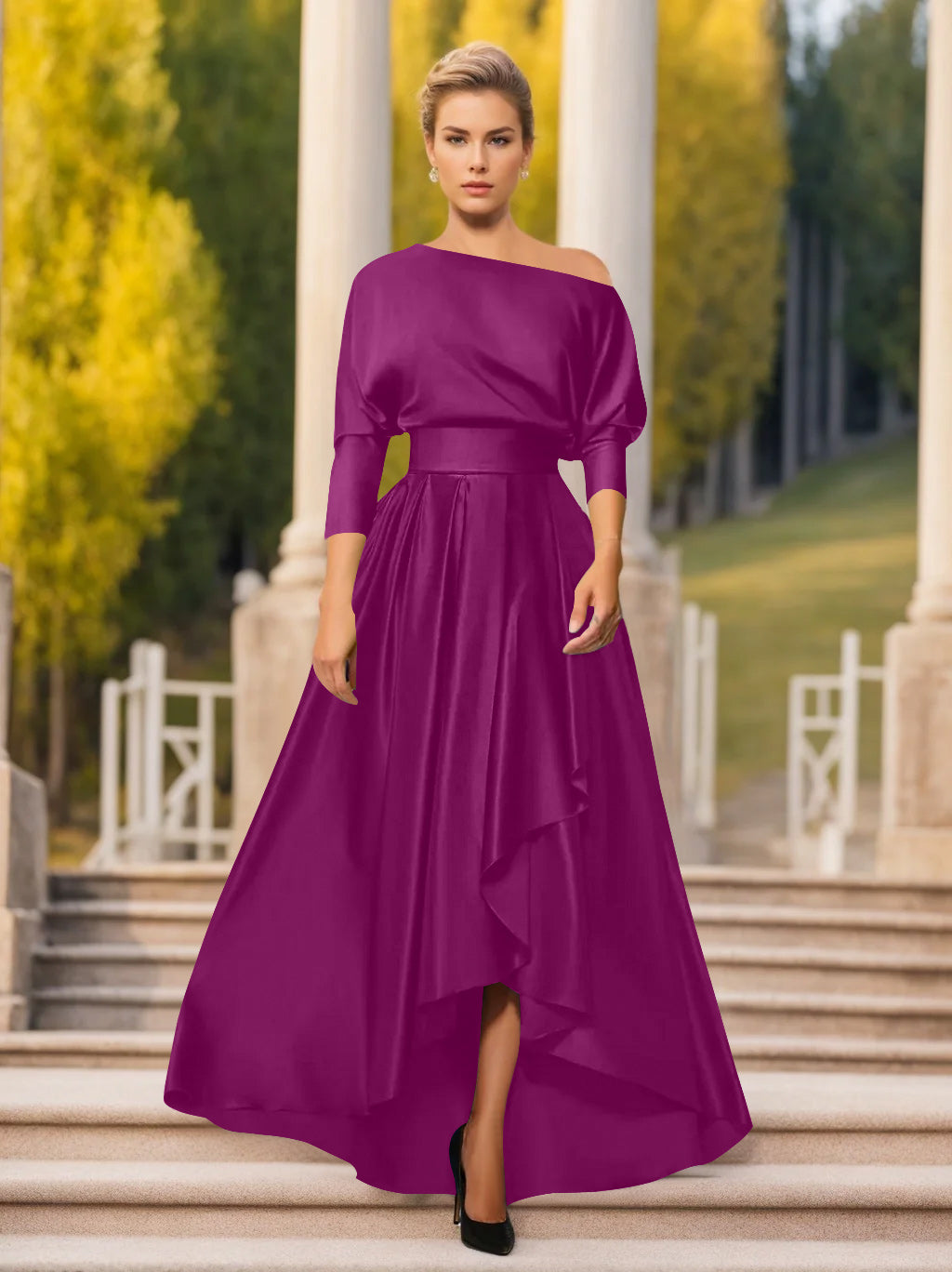 A-Line/Princess One-Shoulder 3/4 Sleeves Asymmetrical Mother of the Bride & Groom Dresses Watermelon