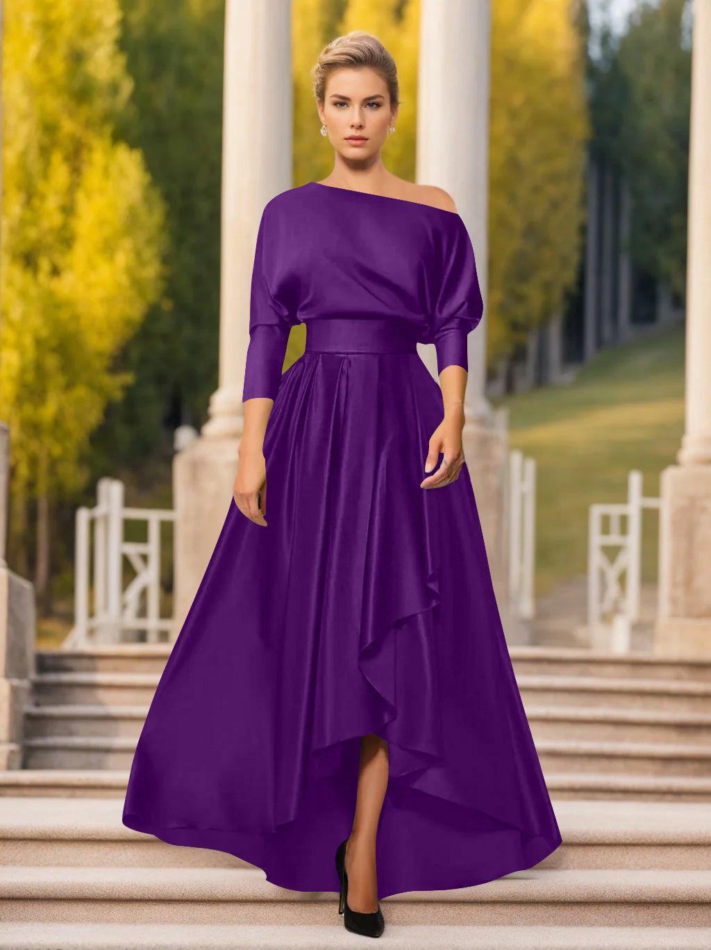 A-Line/Princess One-Shoulder 3/4 Sleeves Asymmetrical Mother of the Bride & Groom Dresses Plum