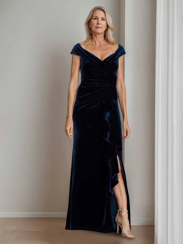 A-Line/Princess V-Neck Short Sleeves Floor-Length Velvet Mother of the Bride Dresses with Split Side