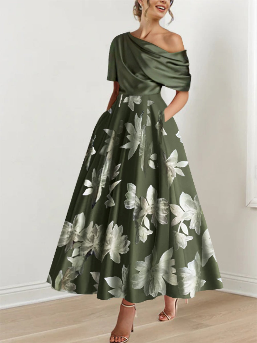 Olive Green Floral Mother of the Bride Dress One Shoulder Ankle Length Formal Satin Dresses for Wedding Party