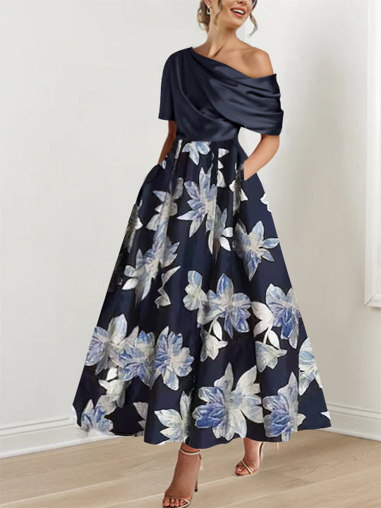 A-Line/Princess One-shoulder 1/2 Sleeve Ankle-Length Printed Flower Mother of the Bride Dresses