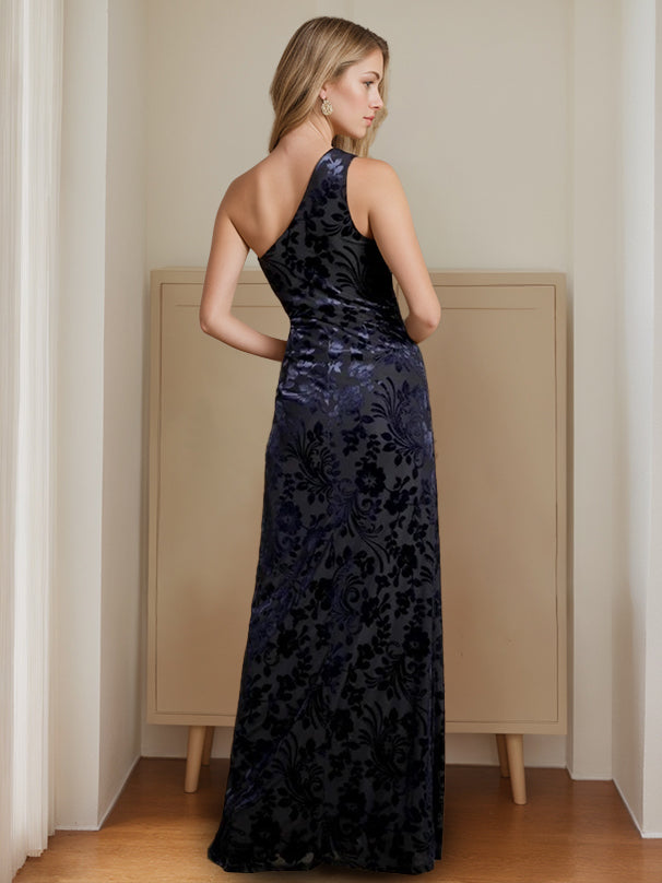 A-Line/Princess One-Shoulder Sleeveless Floor-Length Velvet Mother of the Bride Dresses with Split Side