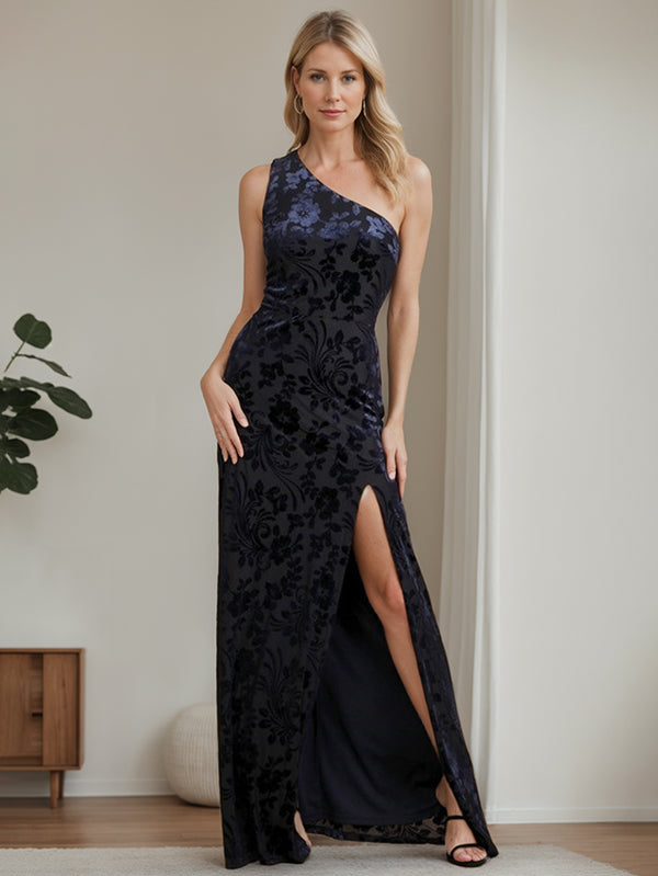 A-Line/Princess One-Shoulder Sleeveless Floor-Length Velvet Bridesmaid Dresses with Split Side