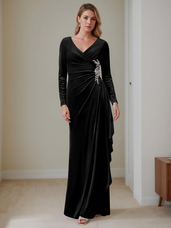 A-Line/Princess V-Neck Long Sleeves Floor-Length Velvet Mother of the Bride Dresses with Ruffles Charcoal Gray