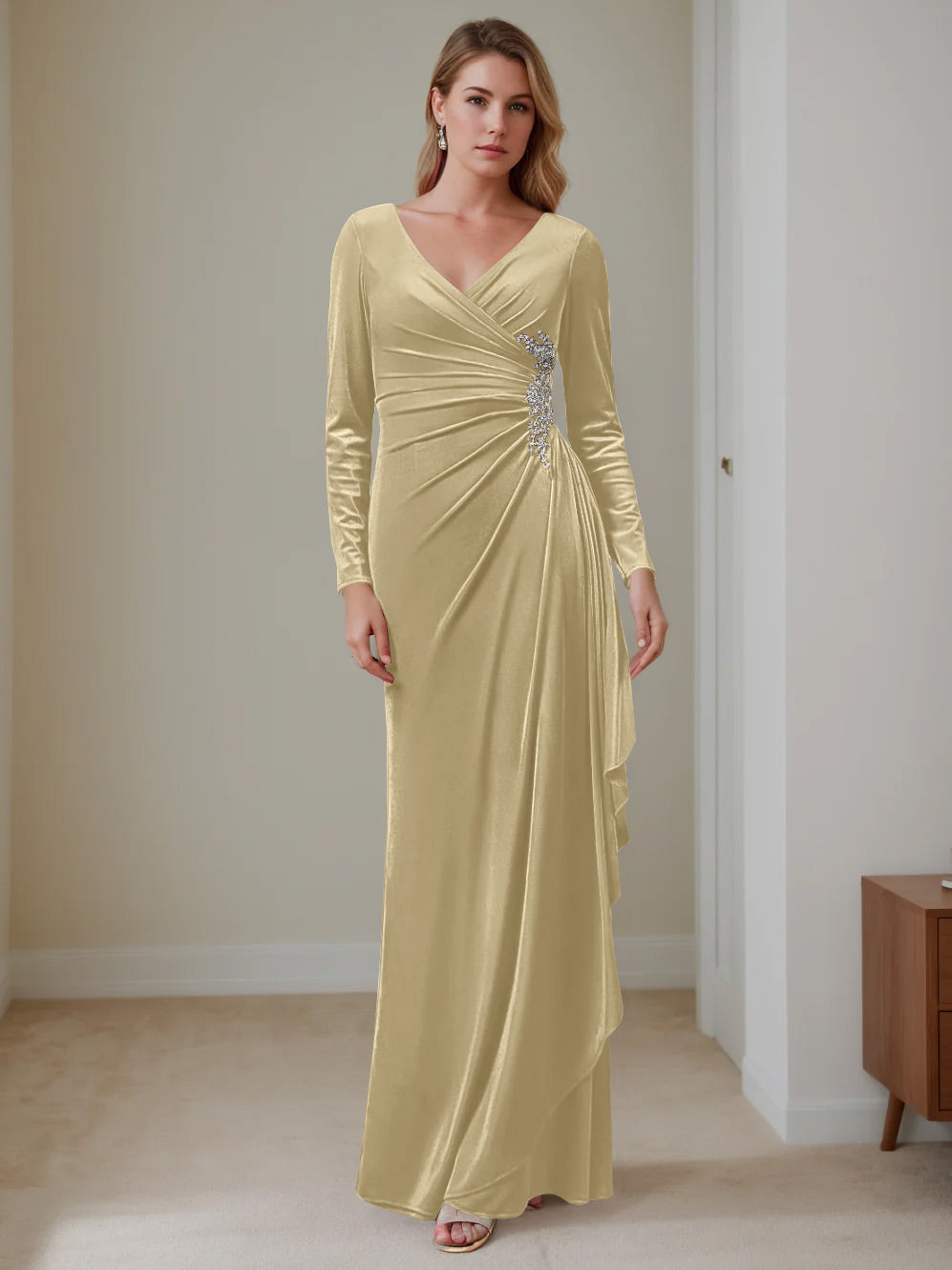 A-Line/Princess V-Neck Long Sleeves Floor-Length Velvet Mother of the Bride Dresses with Ruffles