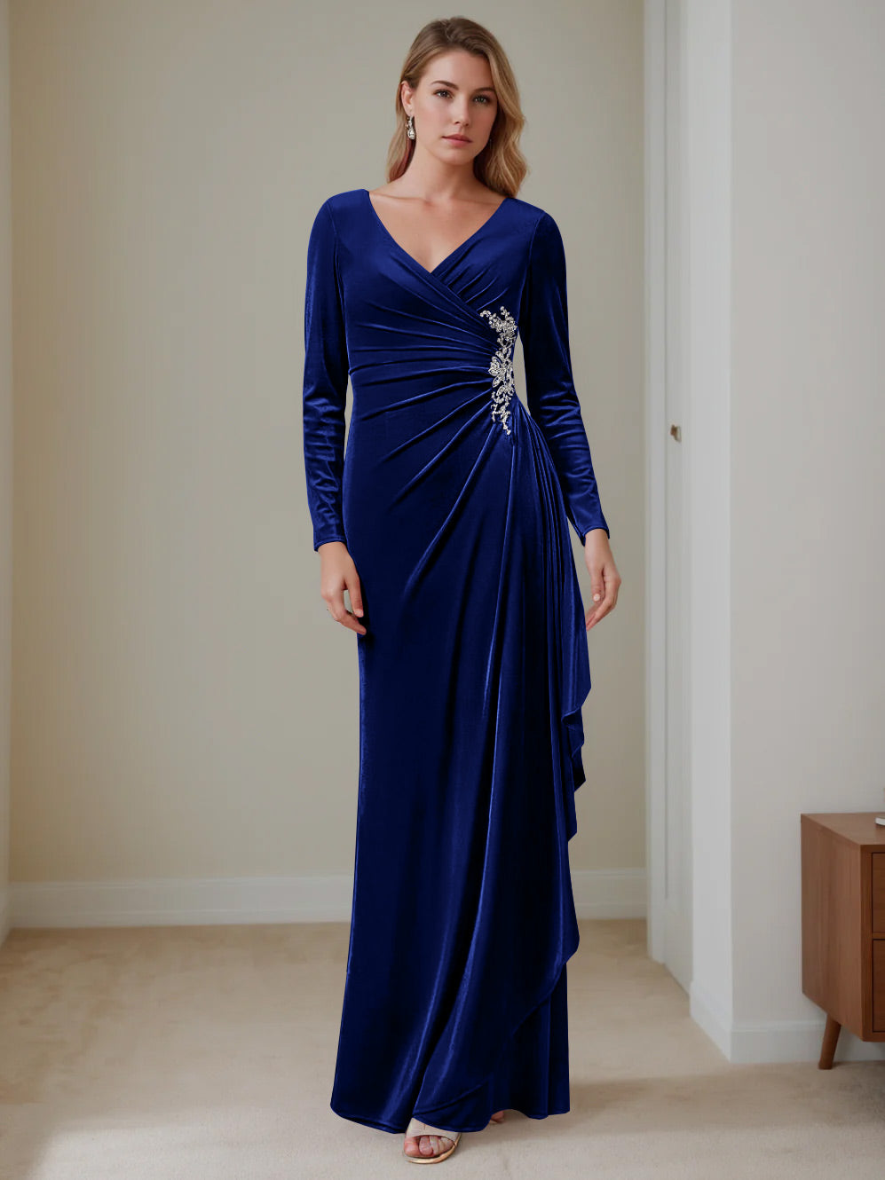 A-Line/Princess V-Neck Long Sleeves Floor-Length Velvet Mother of the Bride Dresses with Ruffles Dark Royal Blue A-Line/Princess V-Neck Long Sleeves Floor-Length Velvet Mother of the Bride Dresses with Ruffles Dark Royal Blue