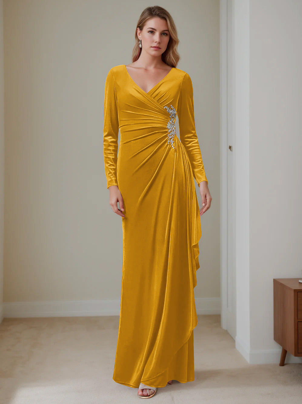 A-Line/Princess V-Neck Long Sleeves Floor-Length Velvet Mother of the Bride Dresses with Ruffles