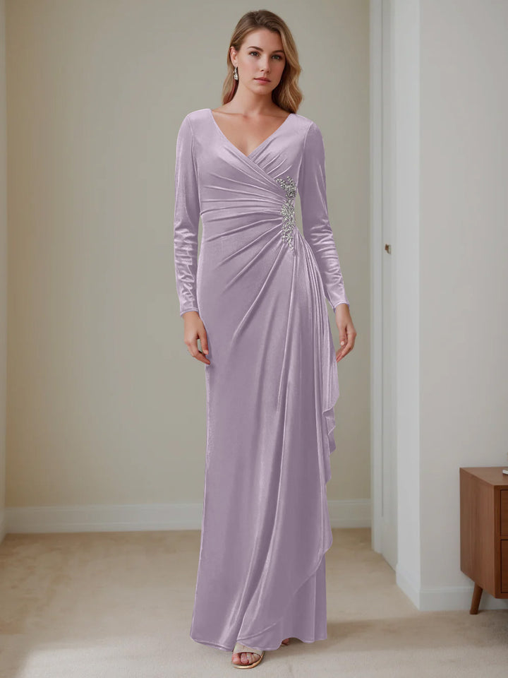 A-Line/Princess V-Neck Long Sleeves Floor-Length Velvet Mother of the Bride Dresses with Ruffles