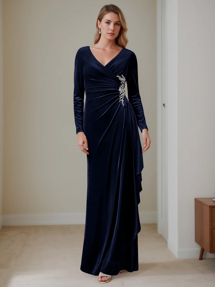 A-Line/Princess V-Neck Long Sleeves Floor-Length Velvet Mother of the Bride Dresses with Ruffles Charcoal Gray A-Line/Princess V-Neck Long Sleeves Floor-Length Velvet Mother of the Bride Dresses with Ruffles Charcoal Gray