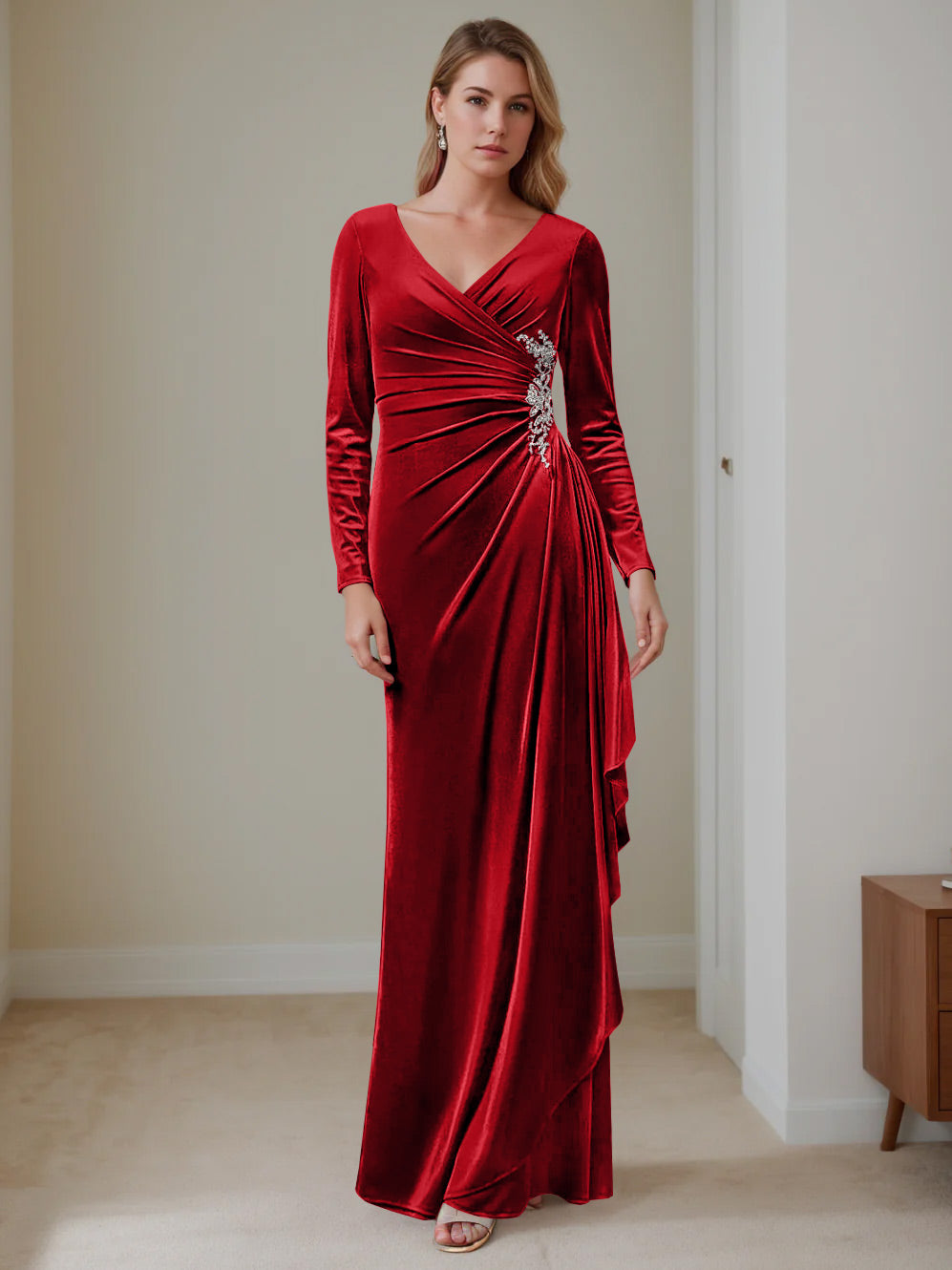 A-Line/Princess V-Neck Long Sleeves Floor-Length Velvet Mother of the Bride Dresses with Ruffles