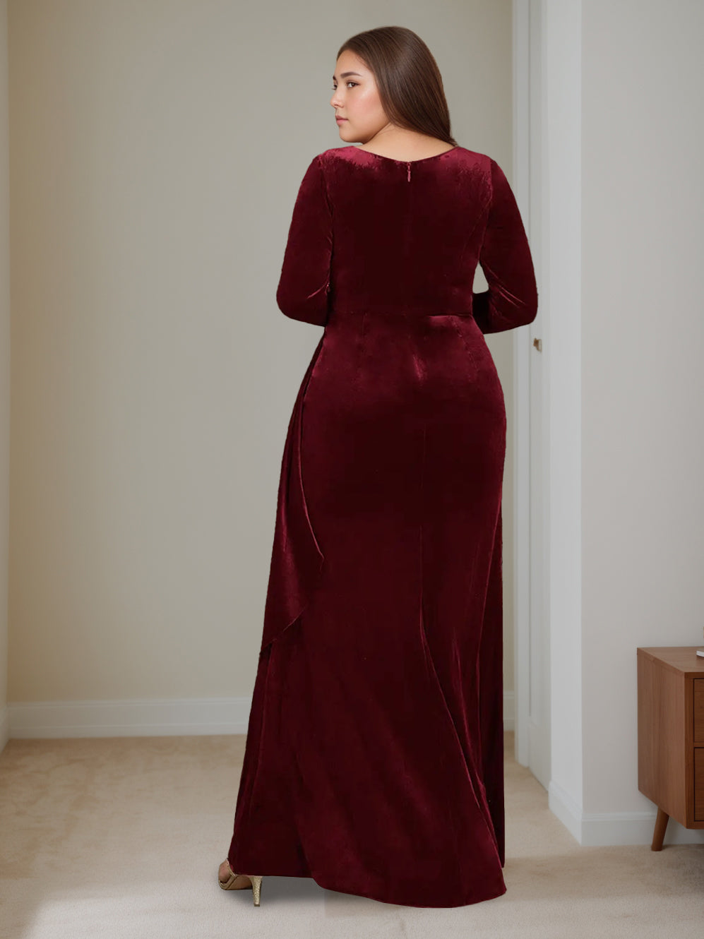 A-Line/Princess V-Neck Long Sleeves Floor-Length Velvet Mother of the Bride Dresses with Ruffles Charcoal Gray A-Line/Princess V-Neck Long Sleeves Floor-Length Velvet Mother of the Bride Dresses with Ruffles Charcoal Gray