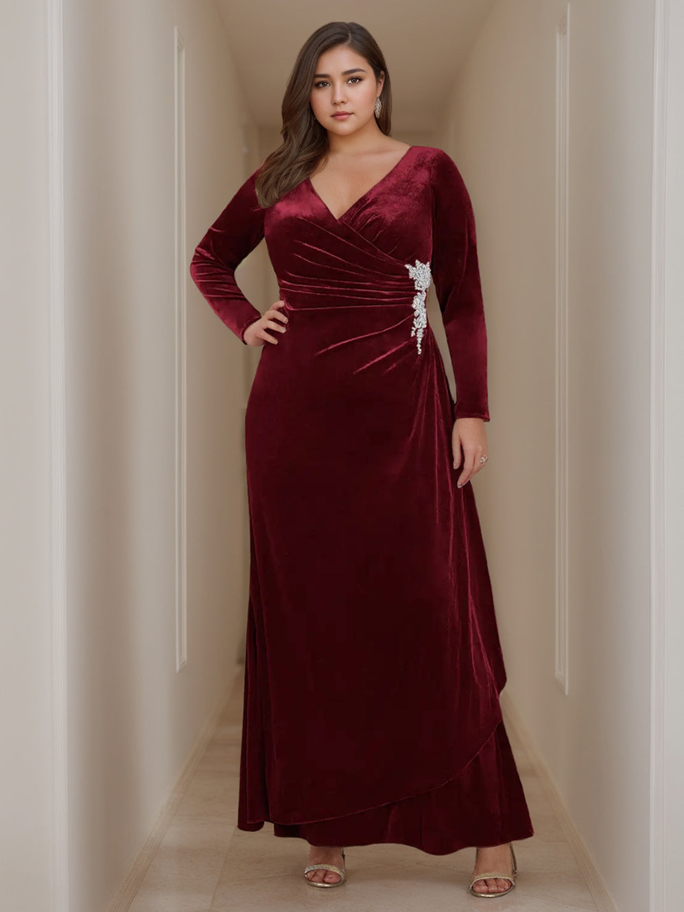 A-Line/Princess V-Neck Long Sleeves Floor-Length Plus Size Mother of the Bride Dresses with Ruffles