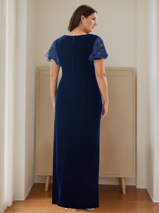 Mother of the Bride Dresses Sheath/Column Chiffon Lace V neck Short Sleeves Floor-Length