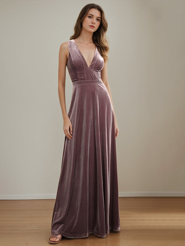 A-Line/Princess V-Neck Sleeveless Floor-Length Velvet Mother of the Br - Mondressy A-Line/Princess V-Neck Sleeveless Floor-Length Velvet Mother of the Br - Mondressy