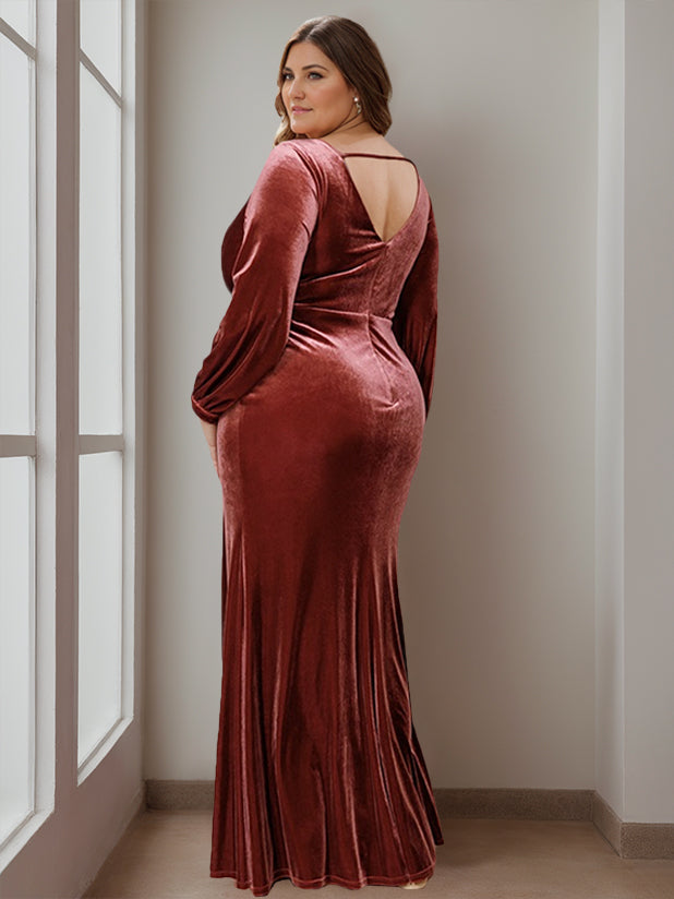 A-Line/Princess V-Neck Long Sleeves Floor-Length Plus Size Mother of the Bride Dresses with Ruffles