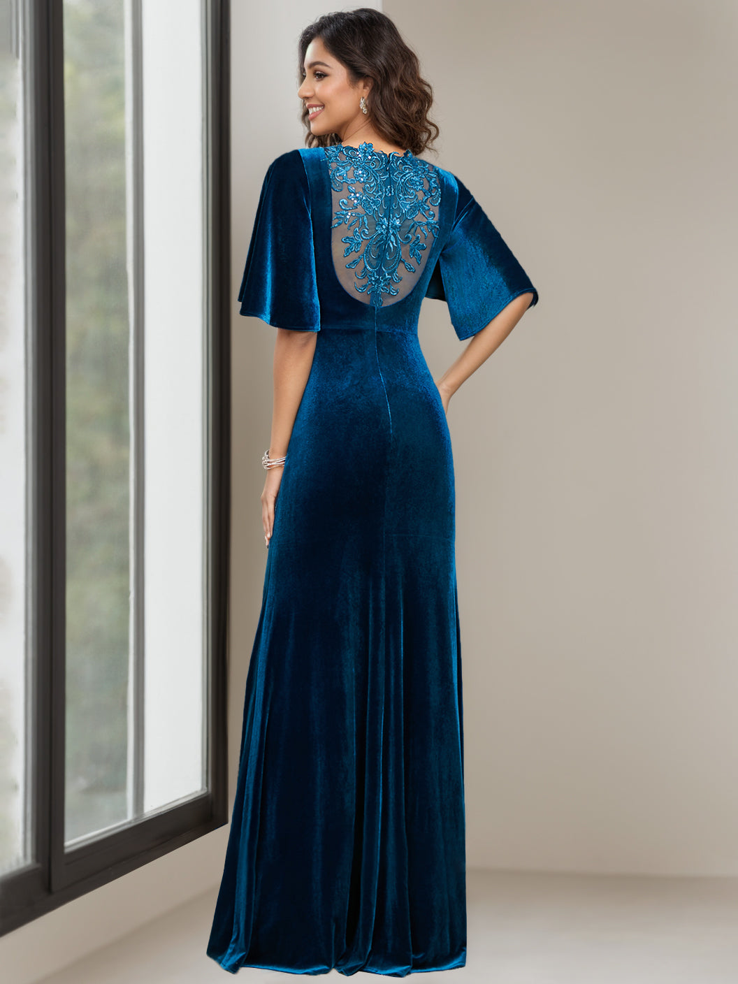 Sheath/Column Scoop Neck Half Sleeves Floor-Length Mother of the Bride Dresses with Beading, Appliques & Sequins