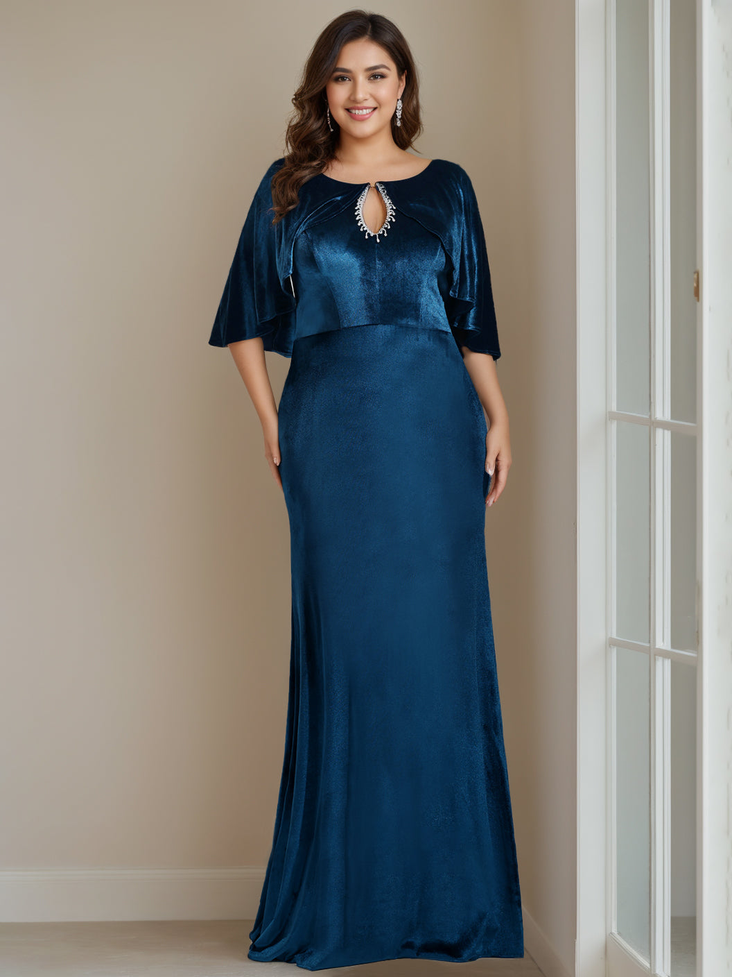 Sheath/Column Scoop Neck Half Sleeves Floor-Length Plus Size Mother of the Bride Dresses with Beading, Appliques & Sequins