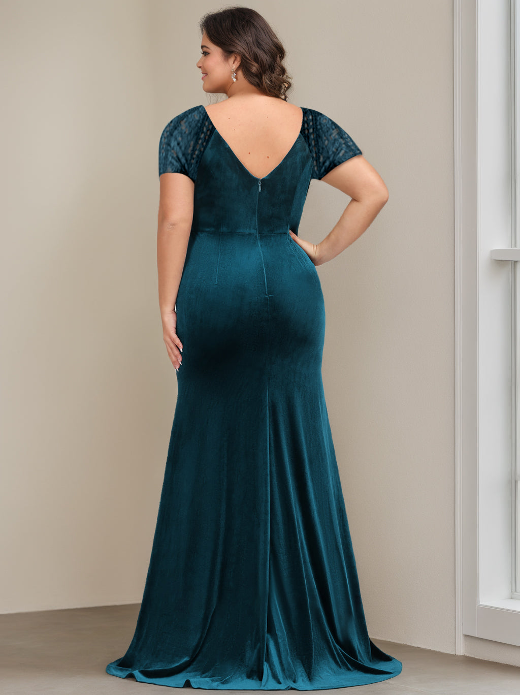 Trumpet/Mermaid V-Neck Short Sleeves Floor-Length Plus Size Mother of the Bride Dresses with Ruffles & Appliques