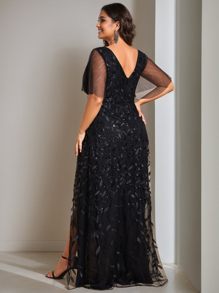 A-Line/Princess V-Neck Short Sleeves Asymmetrical Plus Size Mother Of The Bride Dresses with Sequins