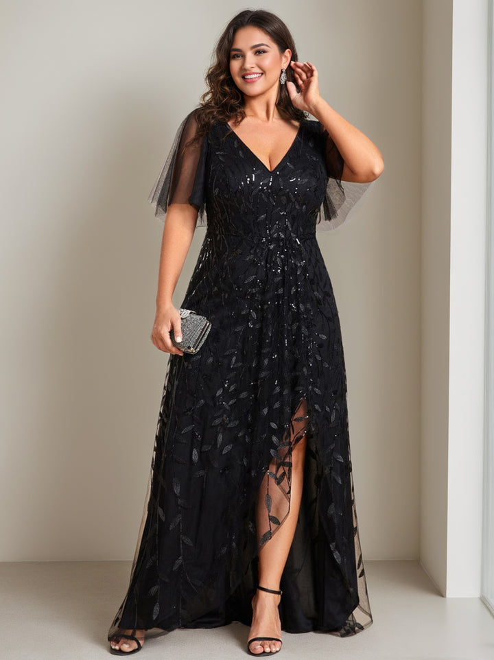 A-Line/Princess V-Neck Short Sleeves Asymmetrical Mother Of The Bride Dresses with Sequins