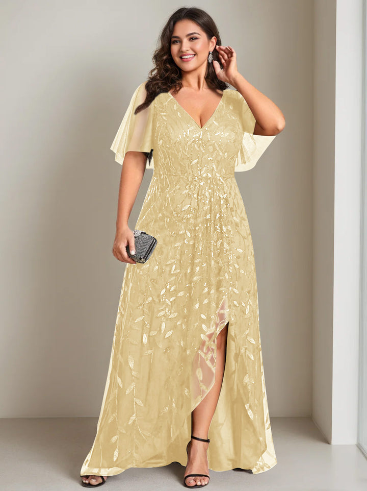 A-Line/Princess V-Neck Short Sleeves Asymmetrical Plus Size Mother Of The Bride Dresses with Sequins