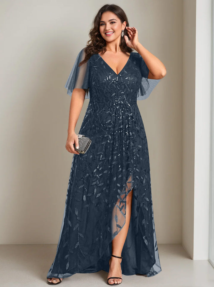 A-Line/Princess V-Neck Short Sleeves Asymmetrical Plus Size Mother Of The Bride Dresses with Sequins