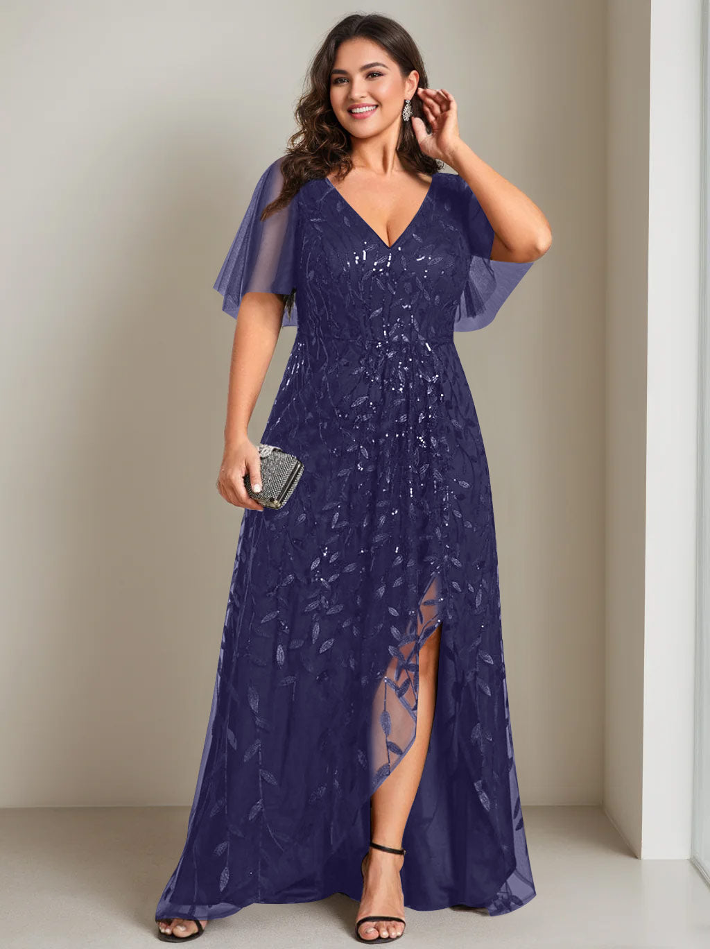 A-Line/Princess V-Neck Short Sleeves Asymmetrical Plus Size Mother Of The Bride Dresses with Sequins