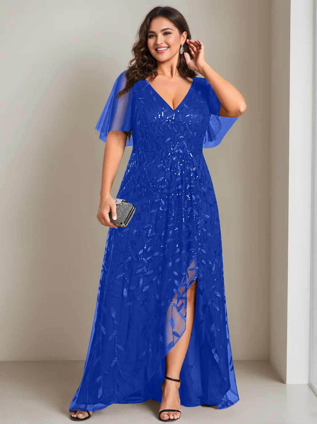 A-Line/Princess V-Neck Short Sleeves Asymmetrical Plus Size Mother Of The Bride Dresses with Sequins